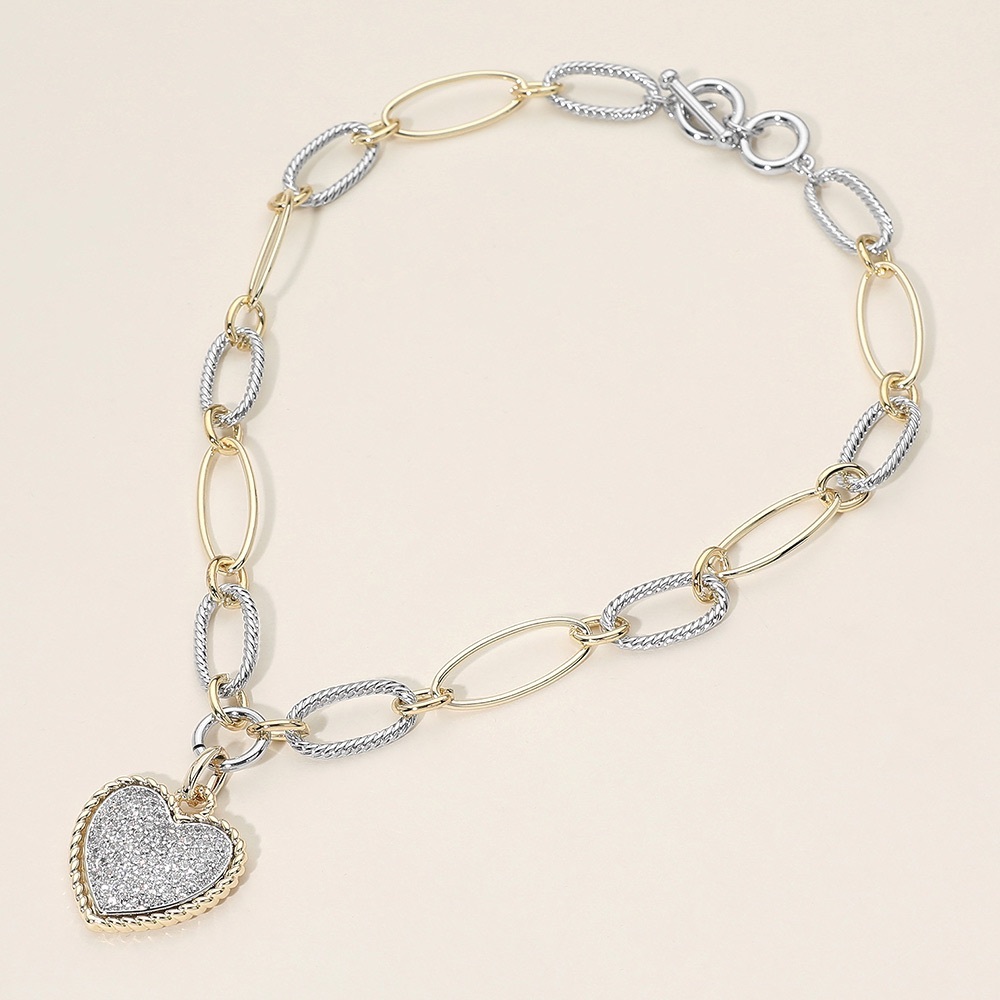 14K Gold Plated Two Tone CZ Stone Pave Heart Pendant Necklace - Picture 3 of 4